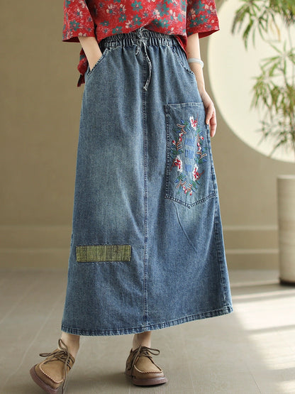 Women Artsy Flower Embroidery Denim Skirt CO1053