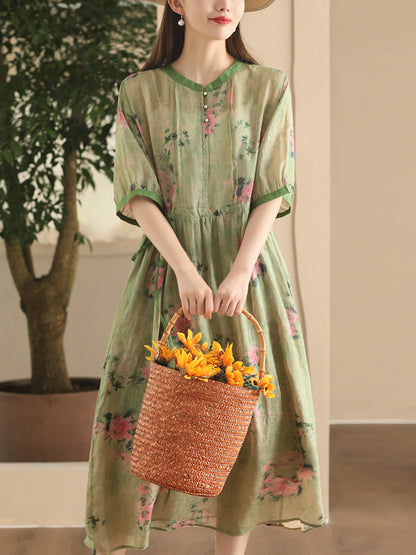 Women Summer Vintage Floral Strap Ramie Dress CX008