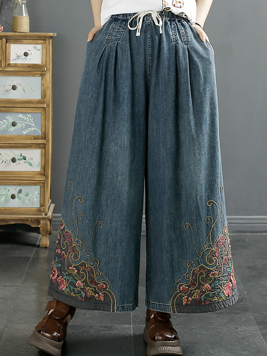 Women Vintage Summer Embroidery Wide-leg Denim Pants KL1007