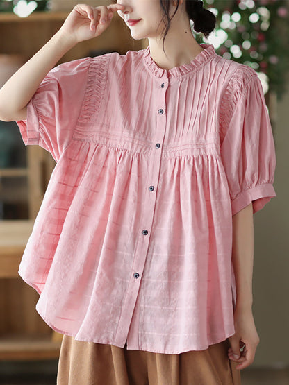 Women Artsy Shirred Stripe Cotton Agaric-Lace Shirt OP1006