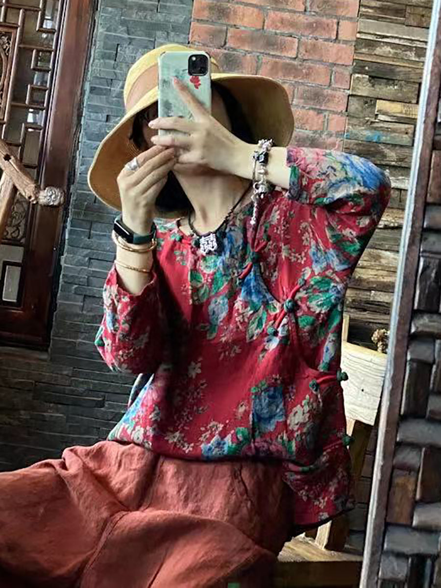 Women Ethnic Floral Loose 100%Cotton Shirt AA1032