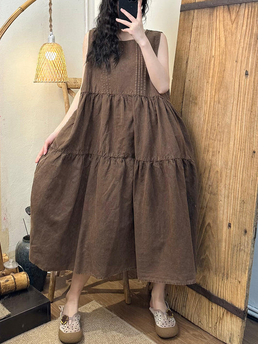 Women Summer Vintage Solid Shirred Linen Vest Dress CV1040