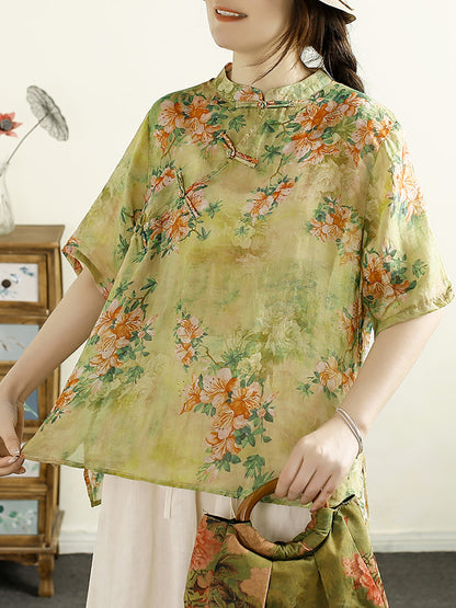 Women Summer Vintage Floral Buckle Ramie Shirt OO1043