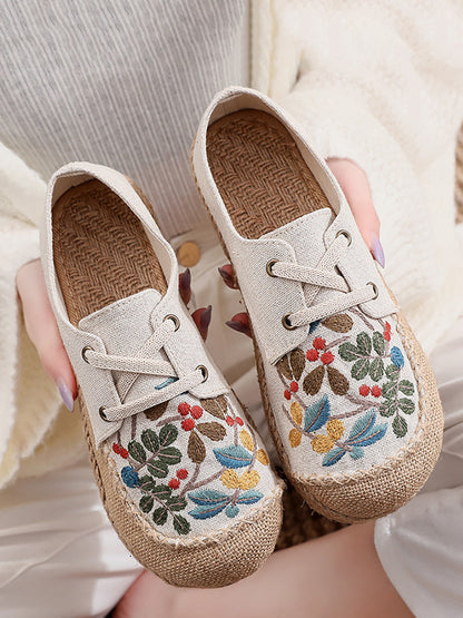 Women Summer Vintage Flower Embroidery Linen Cloth Shoes AT1068