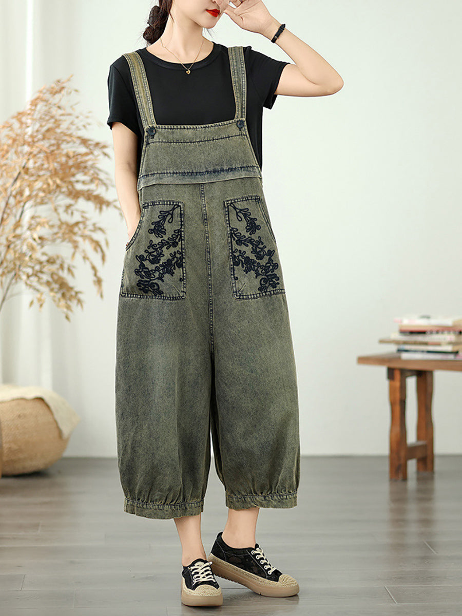 Lange Overalls Frauen Blume Stickerei Denim Sommer