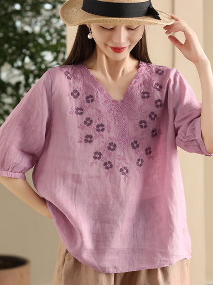 Women Summer Artsy Flower Embroidery Ramie V-Neck Shirt CC030