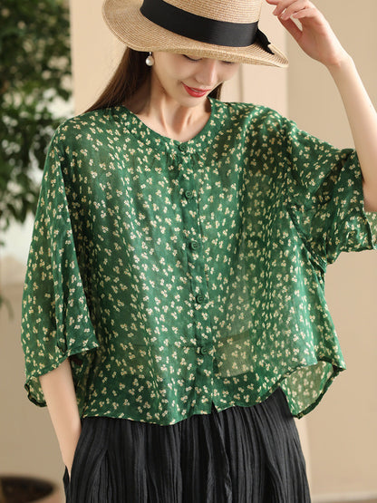 Women Summer Artsy Floral O-Neck Thin Shirt FD023