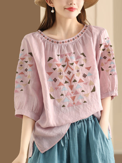 Women Summer Vintage Embroidery O-Neck Ramie Shirt OP1042