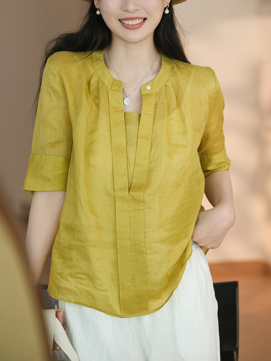 Women Summer Artsy Solid V-Neck Ramie Shirt CC051