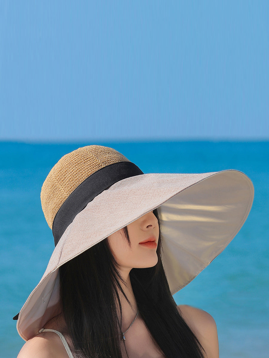 Women Summer Travel Large Brim Sunproof Spliced Hat QW1036