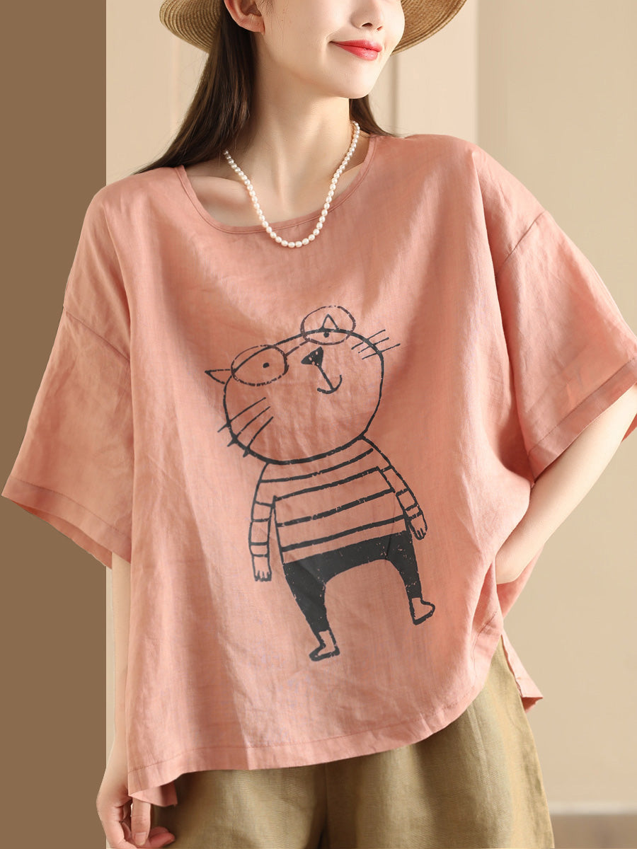 Damen Sommer Pullover aus Ramie mit Cartoon-Katzen-Print OO1034