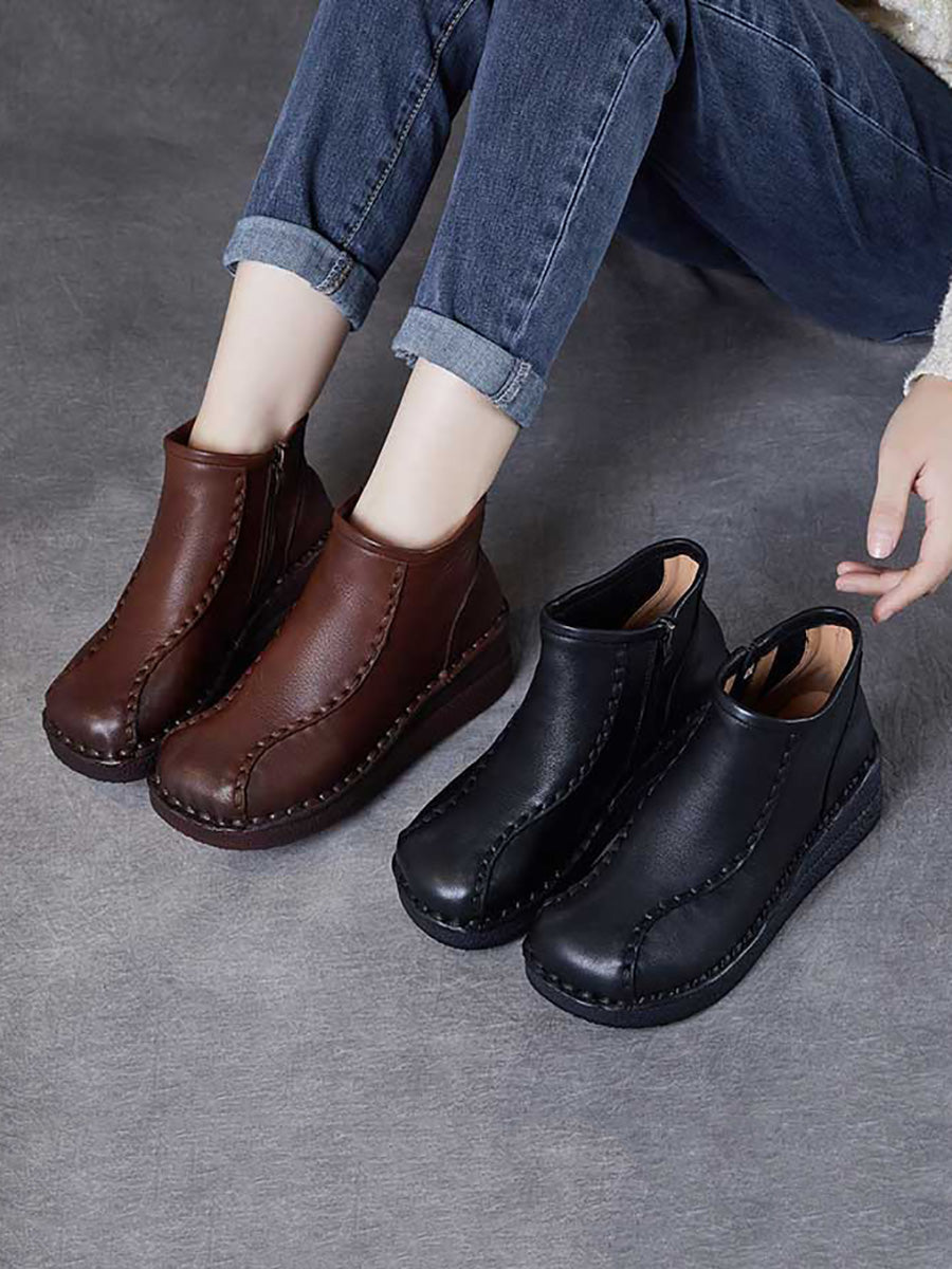 Women Retro Soft Leather Spliced Fleece-lined Mid-Heel Boots AH1081