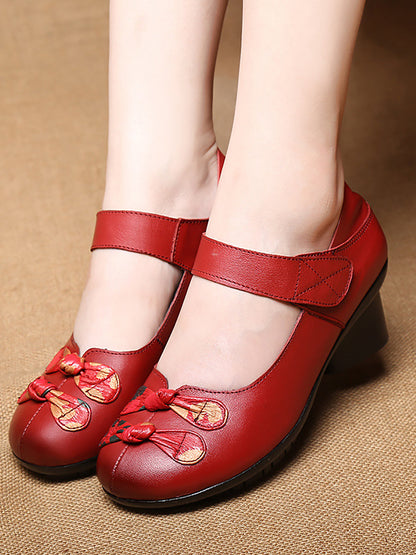 Women Summer Vintage Leather Spliced Mid-Heel Shoes II1014