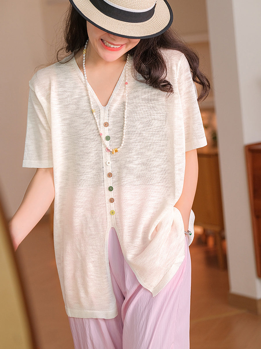 Women Casual Solid Colorful Buttom Summer Thin Shirt QW1050