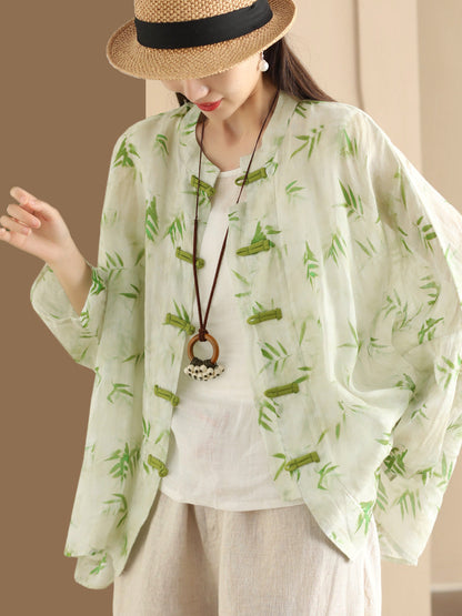 Women Summer Artsy Flower Button-Up Ramie Shirt HH016