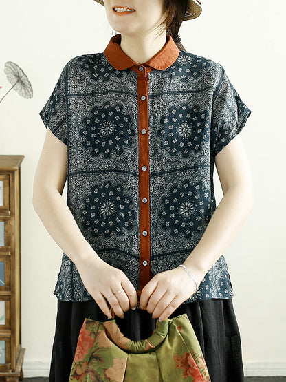 Women Summer Vintage Flower Button-up Ramie Shirt CV1054