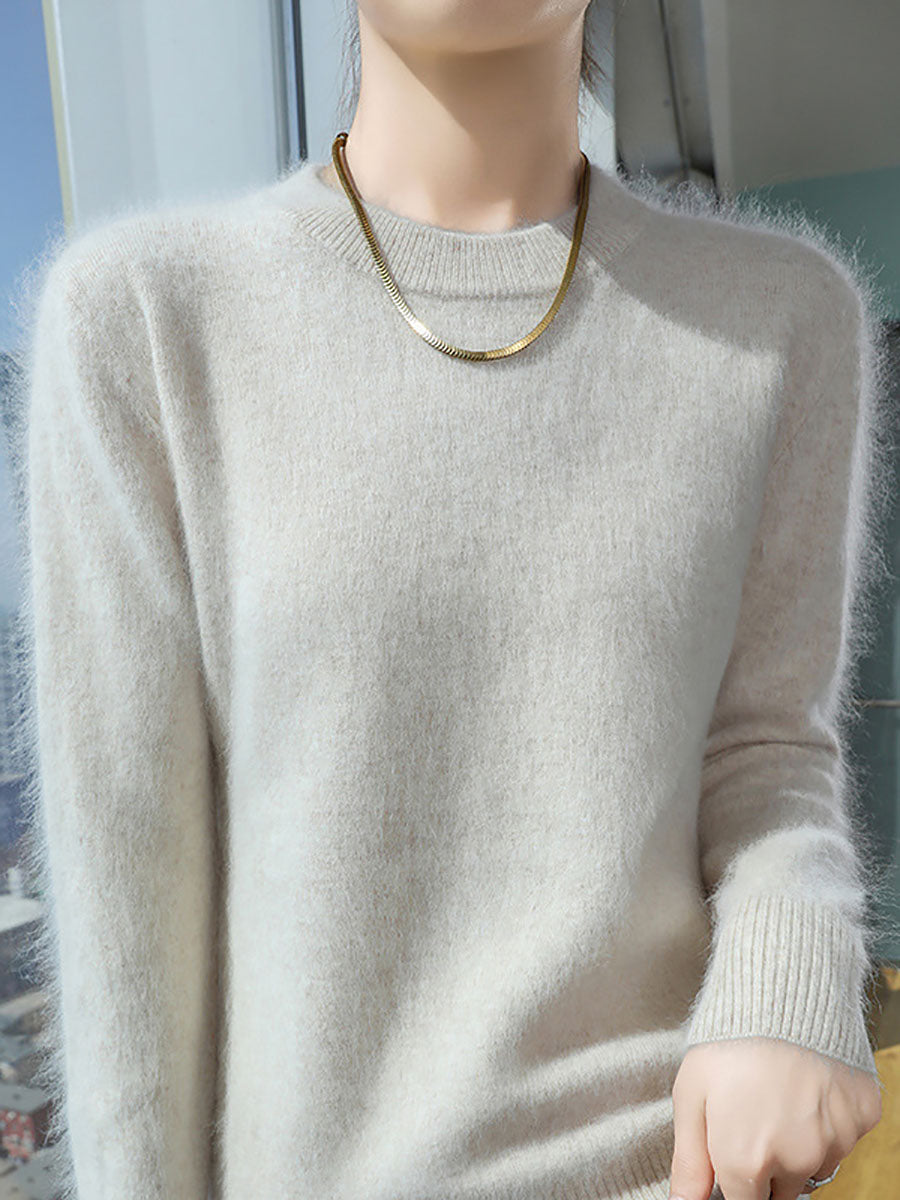 Women Autumn Casual O-Neck Soft 100%Wool Sweater QU030