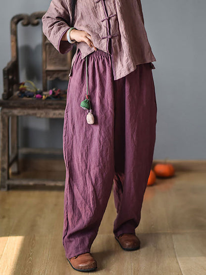 Women Vintage Spring Linen Solid Harem Pants FD040