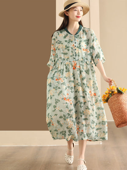 Women Summer Flower Stand Collar Ramie Dress OO1046