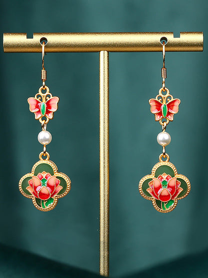 Women Vintage Enamel Flower Butterfly Pearl Earrings AH1086