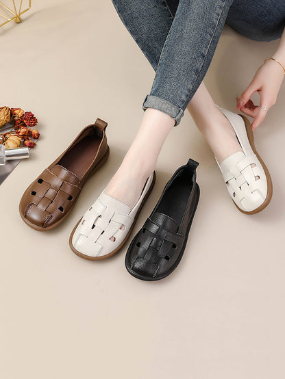 Women Summer Vintage Leather Soft  Weave Flat Shoes AS1018