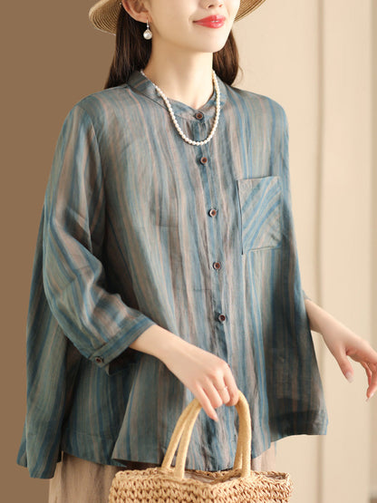 Women Spring Vintage Stripe Button-Up Blouse CO1007