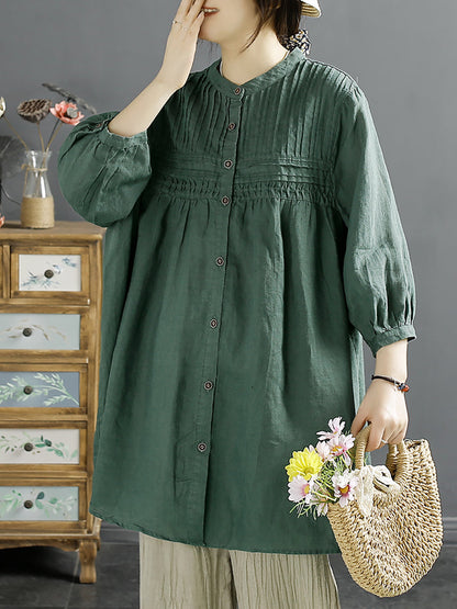 Women Artsy Summer Shirred Solid Linen Shirt SC1058