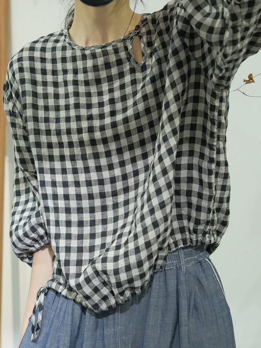 Women Summer Casual Plaid Linen Strap Shirt AS1064