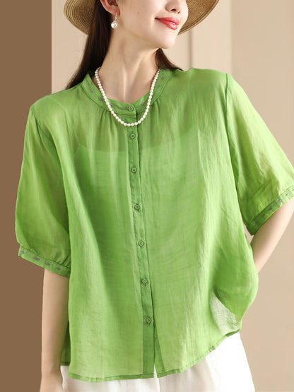 Women Summer O-Neck Embroidery Button-up Ramie Shirt PP1035