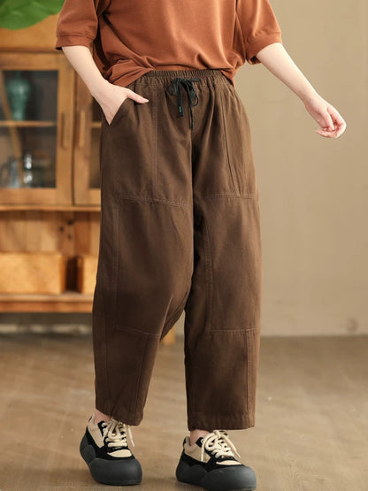 Women Autumn Vintage Solid Spliced Pocket Harem Pants AI1030