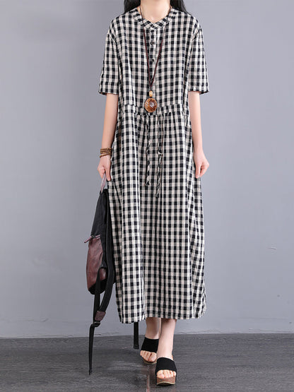 Plus Size Women Casual Plaid Summer Cotton Linen Dress SC1061