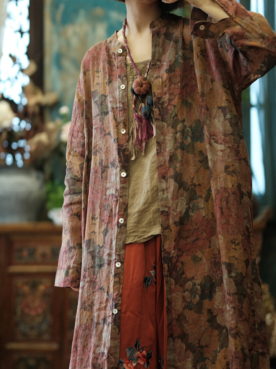 Floral Women Shirt Retro Long Vintage Ramie Button-up