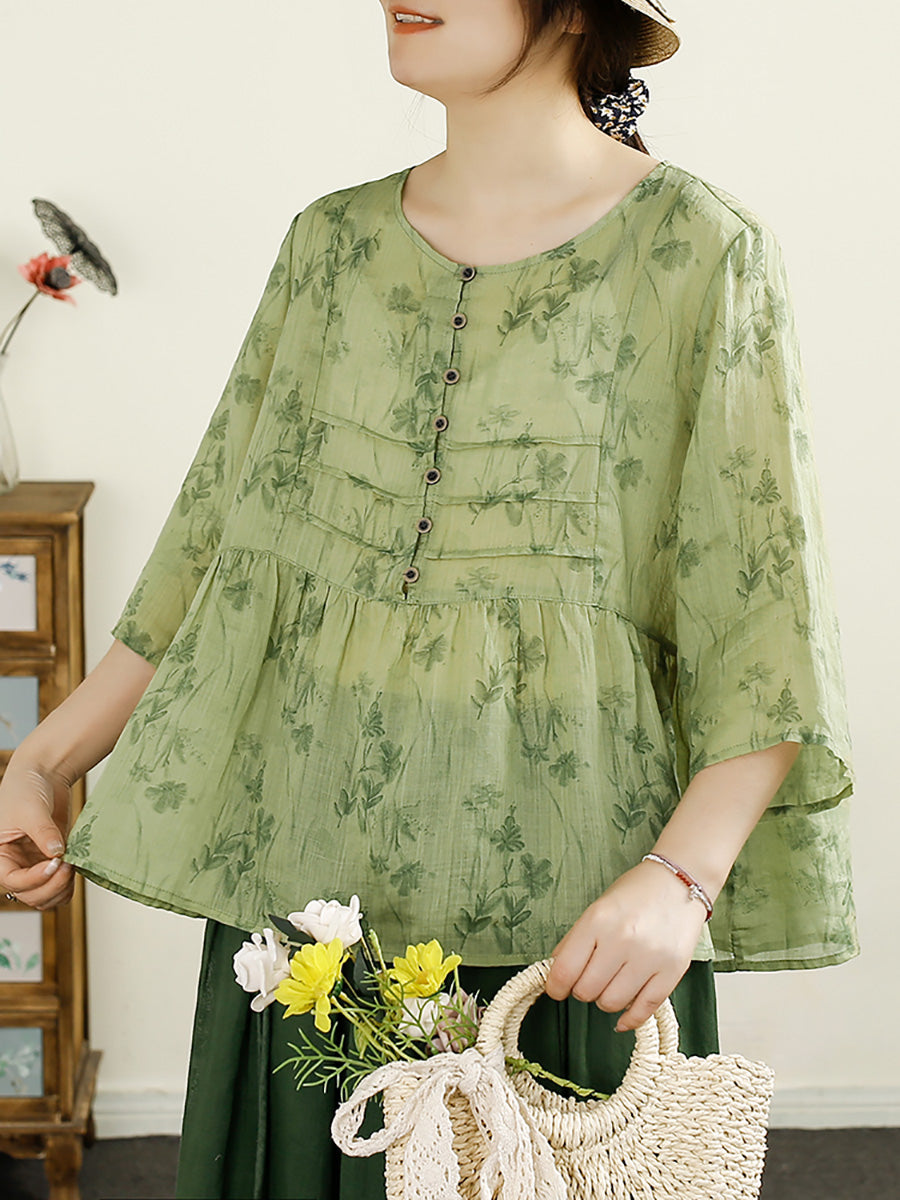 Chemise d'été en ramie à col rond et boutons floraux artistiques pour femmes HH003