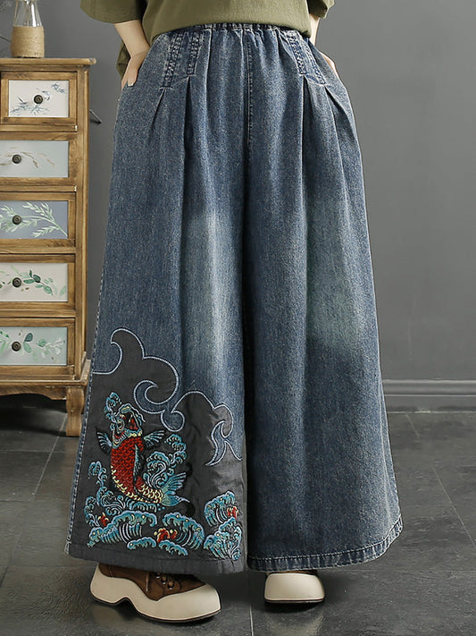 Pantalon d'été en denim à jambe large avec broderies Koi vintage pour femmes CO1049