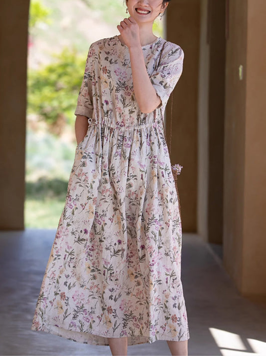 Robe ample d'été en lin à bretelles et motif floral pour femme RR1016