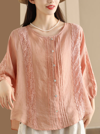 Women Summer Artsy Lace Spliced Ramie Button-Up Shirt II1020