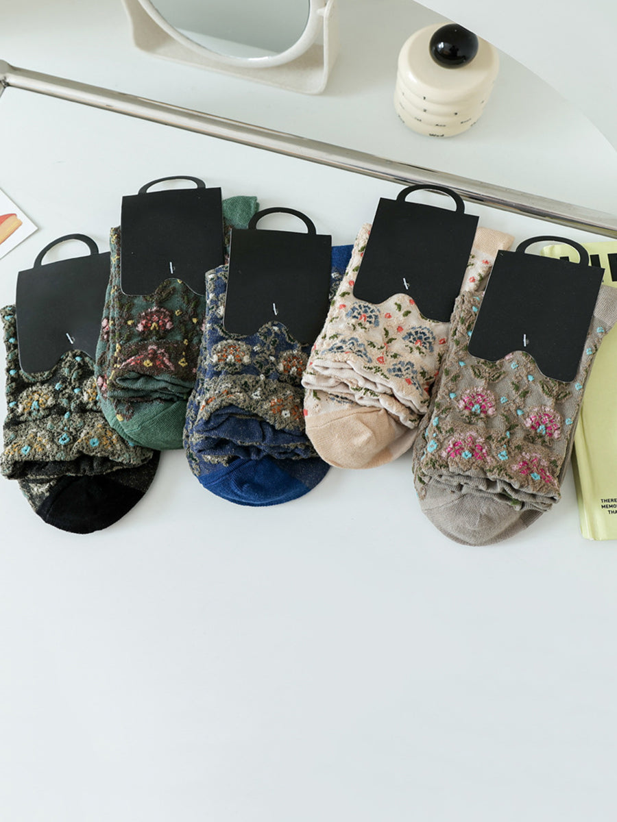 5 Pairs Women Artsy Floral Jacquard Cotton Socks AS1030