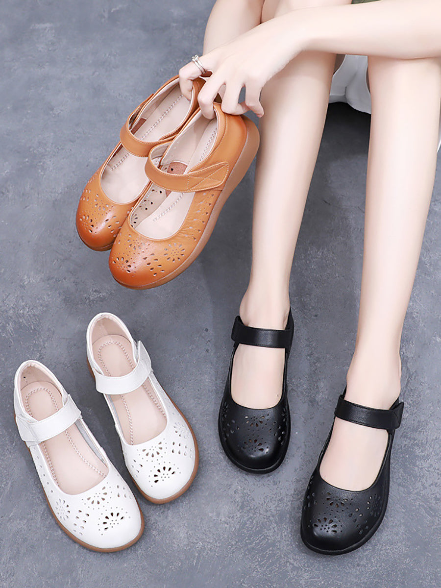 Women Summer Artsy Solid Leather Cutout Flat Shoes FG1024