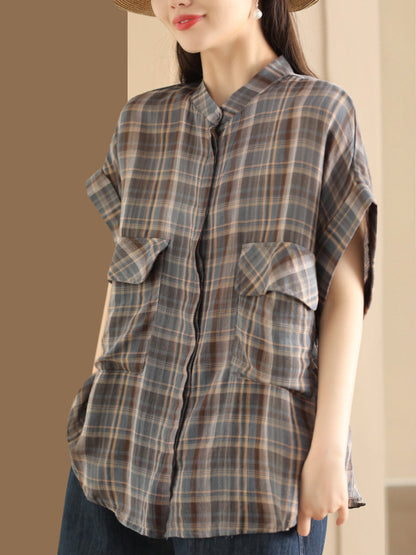 Women Summer Vintage Plaid Button-up Shirt PP1037