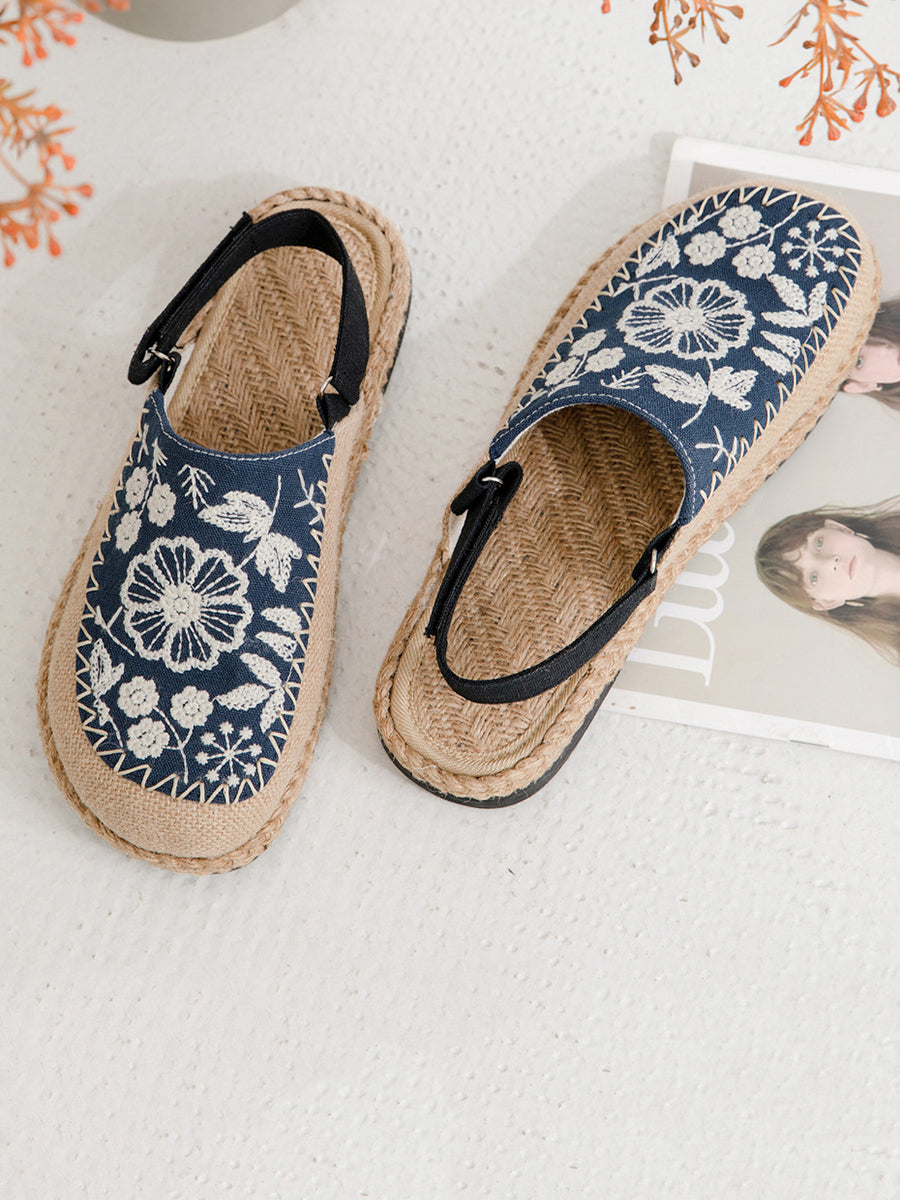 Sandales pour femmes en lin brodées de fleurs ethniques