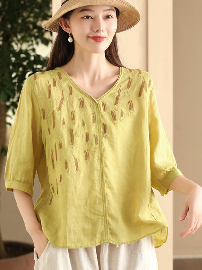 Women Summer Artsy Embroidery V-Neck Ramie Shirt FD005