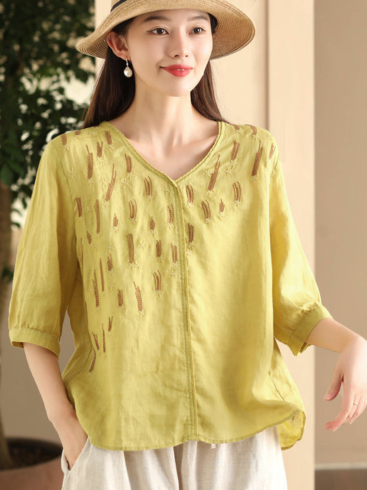 Chemise d'été en ramie à col en V et broderie artistique pour femme FD005