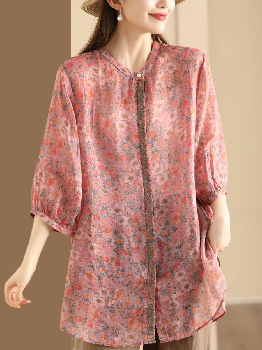 Chemise longue d'été à imprimé floral pour femme en ramie TY1024