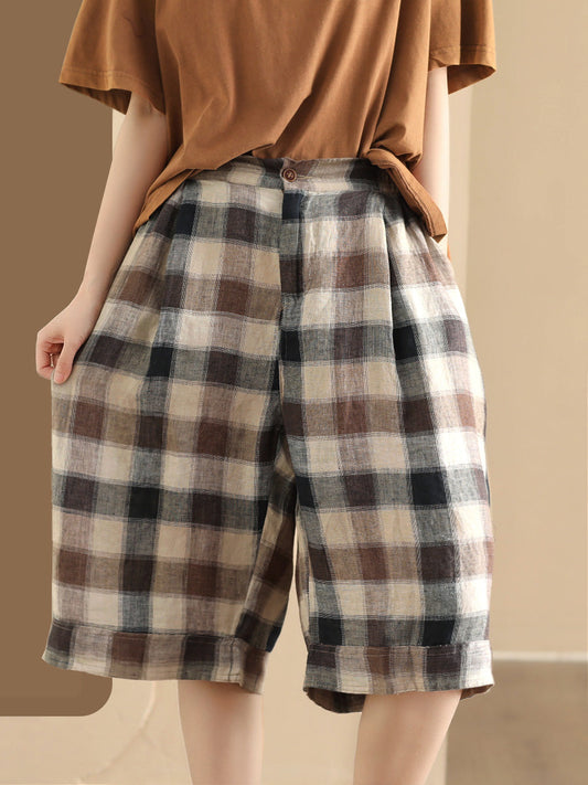 Women Summer Casual Plaid Linen Wide-leg Pants PP1028