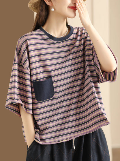 Women Casual Summer Stripe Spliced Loose Shirt CO1047