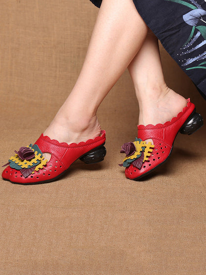 Women Summer Ethnic Leather Flower Spliced Low Heel Sandals FD014