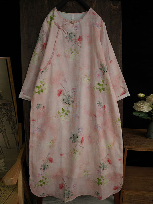 Robe d'été à imprimé floral artistique en ramie à double épaisseur pour femme PA1014