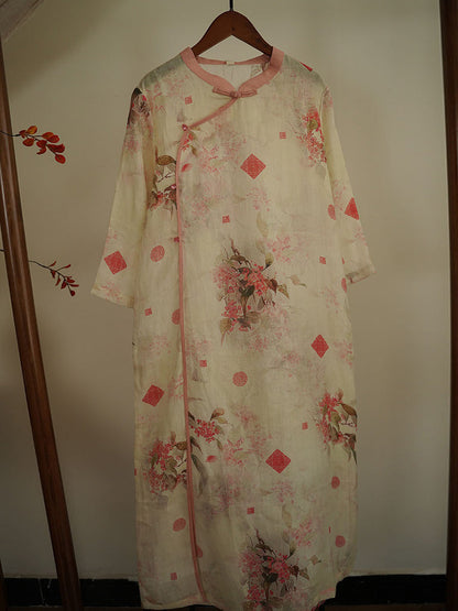 Women Artsy Floral Vintage Ramie Robe Dress XX1025