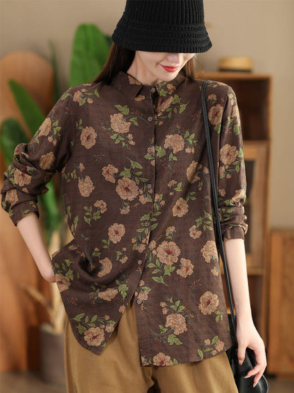 Women Autumn Vintage Flower Button-up Shirt AI1040