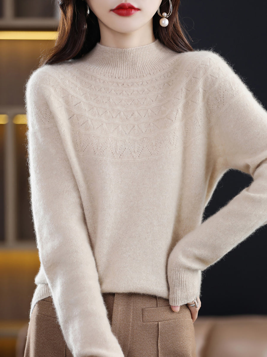 Women Autumn Solid Cable Knit 100%Wool Half Turtleneck Sweater QN017